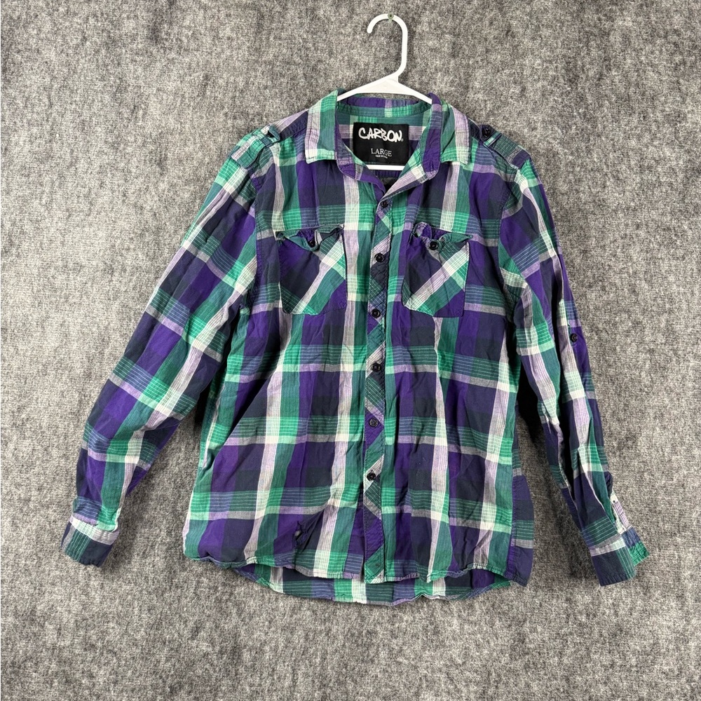 Carbon Men’s Plaid Button-Up Shirt Size L Green Purple Long Sleeve Casual